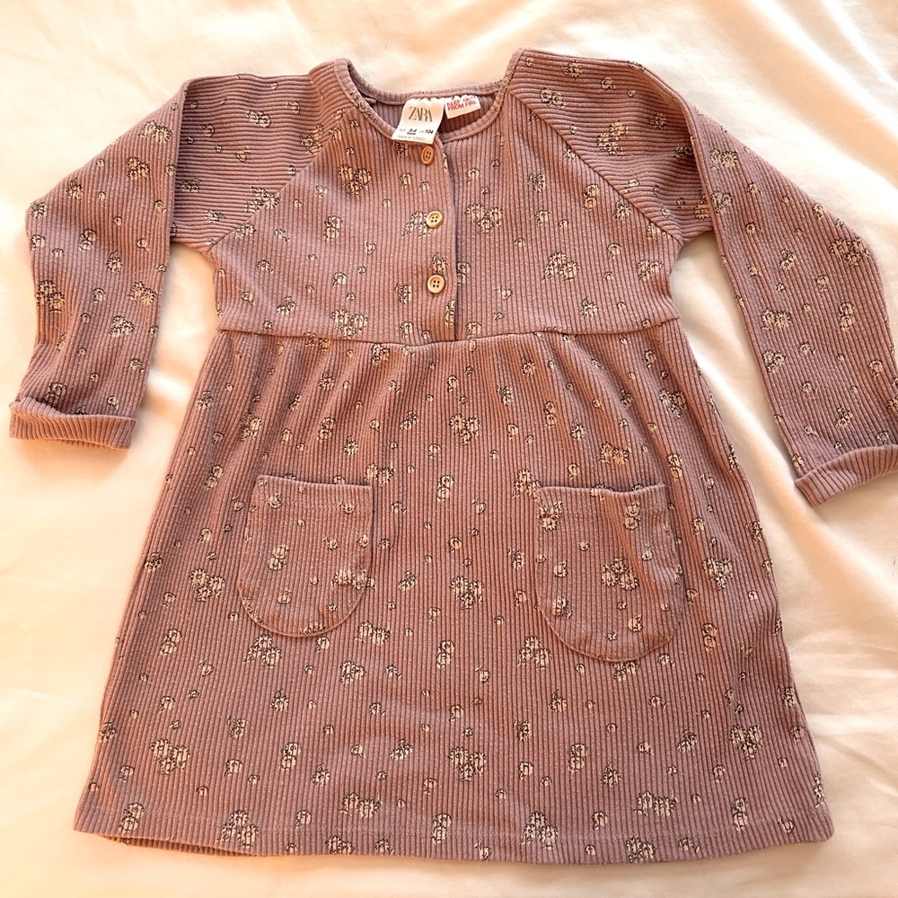 ZARA Girls 3-4 years Floral Soft Touch Dress, mauve purple ribbed dress 3T 4T